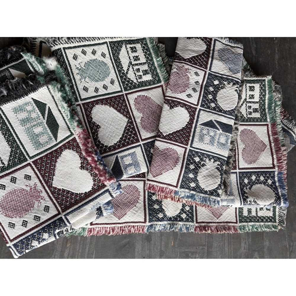 6 Woven Country Farmhouse Placemats Hearts Houses Pineapple Fringe Grannycore